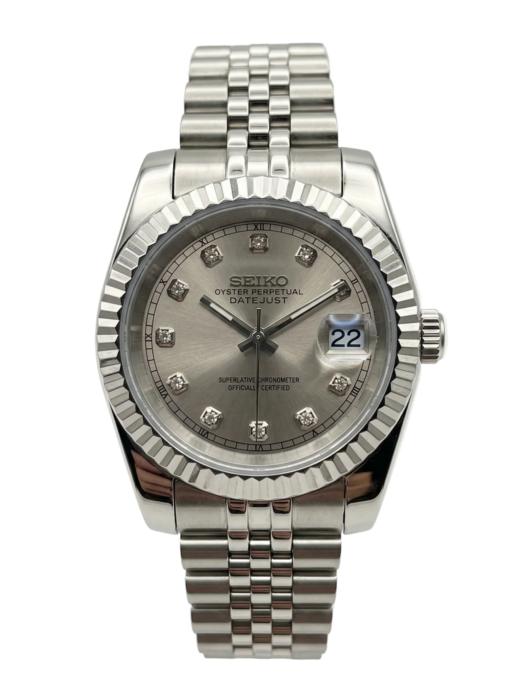 DJ-Fluted "Rhodium"Diamond con movimiento NH35, cristal zafiro y acero 316L | XP Watch Co.