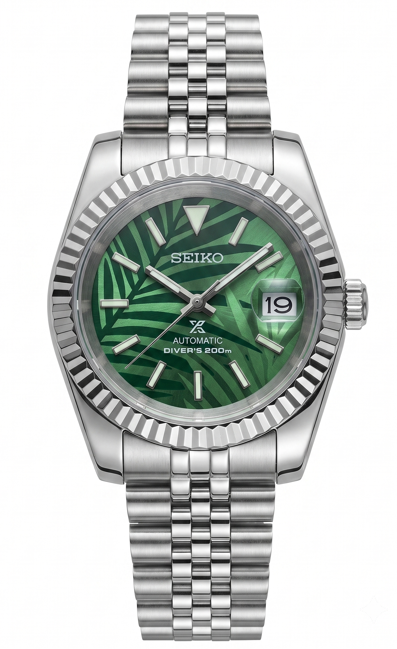 DJ-Fluted "Palmera Verde" - Reloj personalizado con cristal de zafiro y acero inoxidable 316L | XP Watch Co.