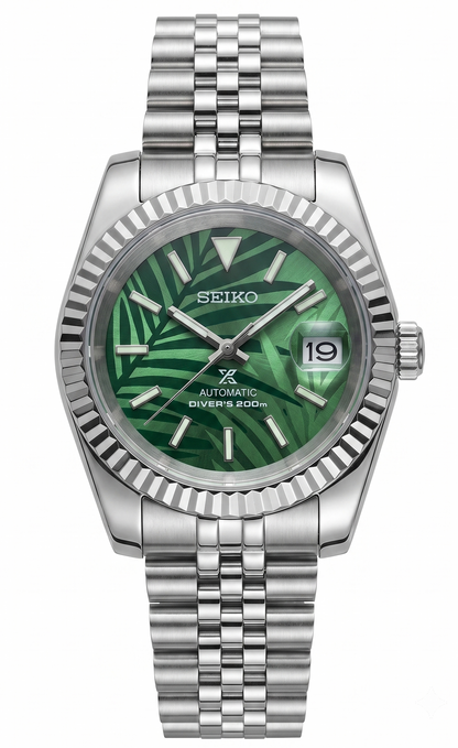 DJ-Fluted "Palmera Verde" - Reloj personalizado con cristal de zafiro y acero inoxidable 316L | XP Watch Co.