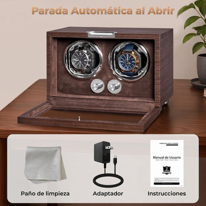 Enrollador de Reloj Automático 2 Relojes con Motor Japonés y LED, caja de madera con accesorios incluido
