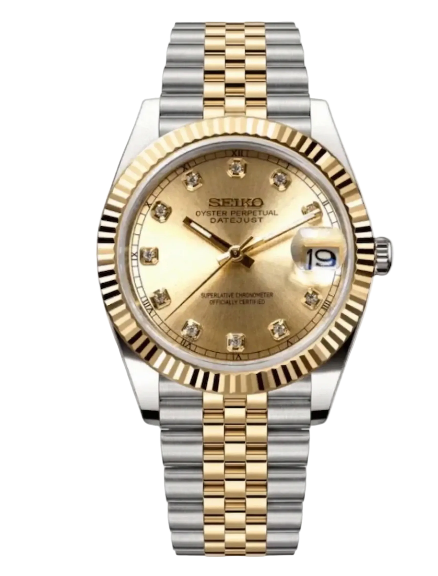 DJ-Fluted Two-Tone Gem Gold con movimiento NH35, cristal zafiro y acero 316L | XP Watch Co.