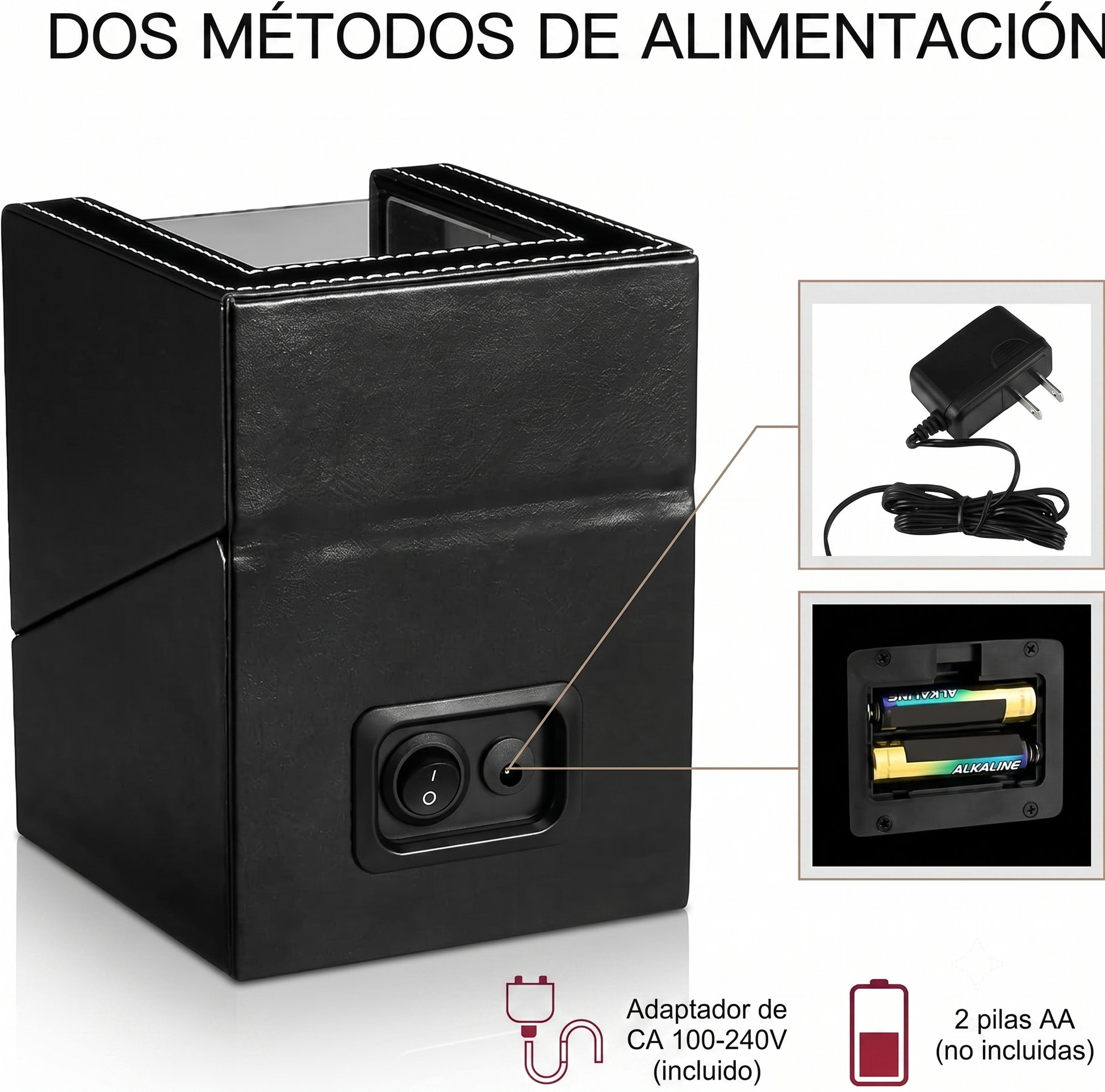 Enrollador Automático 2 Relojes | Motor Japonés Mabuchi | Cuero | CA o Batería - caja en cuero negro | XP Watch Co.