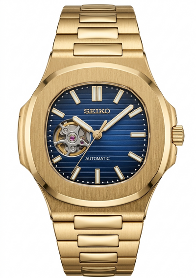 Nautic "Open Heart" Gold Blue - Reloj personalizado con movimiento automático NH35 y cristal de zafiro | XP Watch Co.