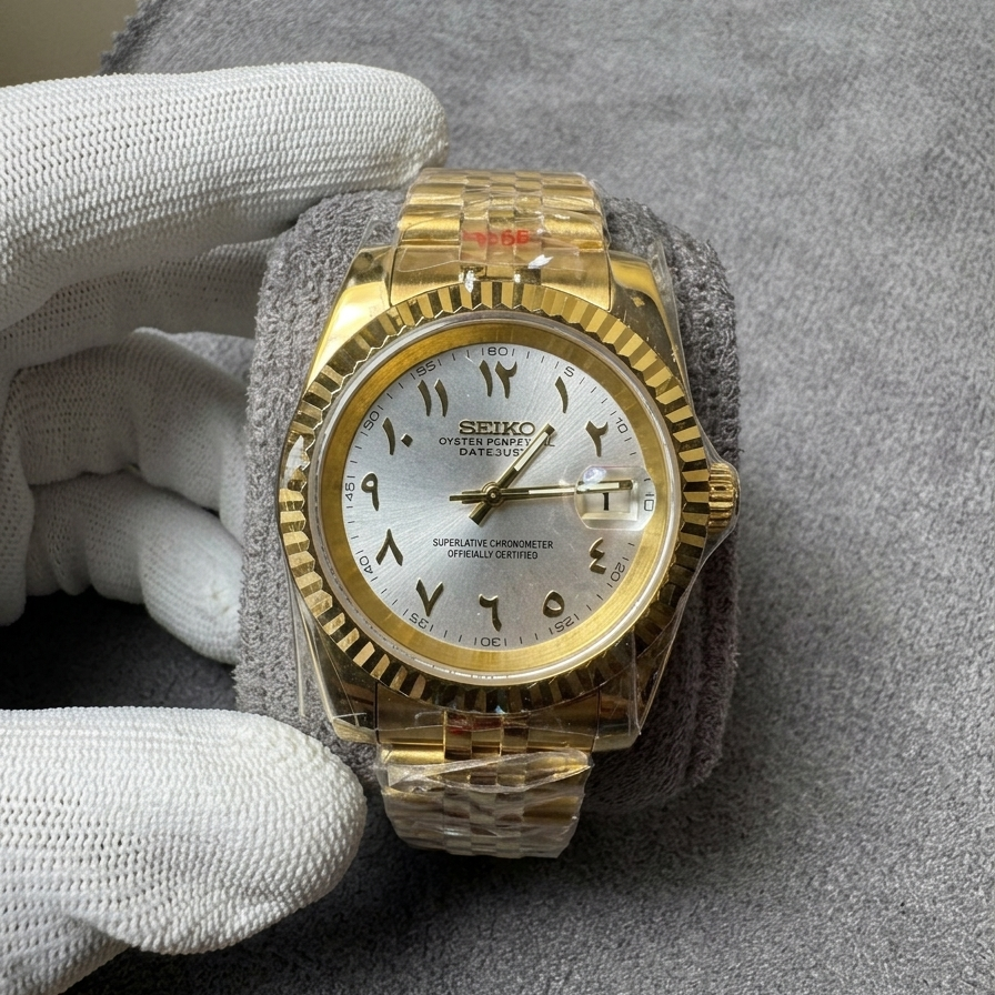 DJ-Fluted Gold "Pure White" Árabe - Reloj personalizado con cristal de zafiro y movimiento NH35 | XP Watch Co.