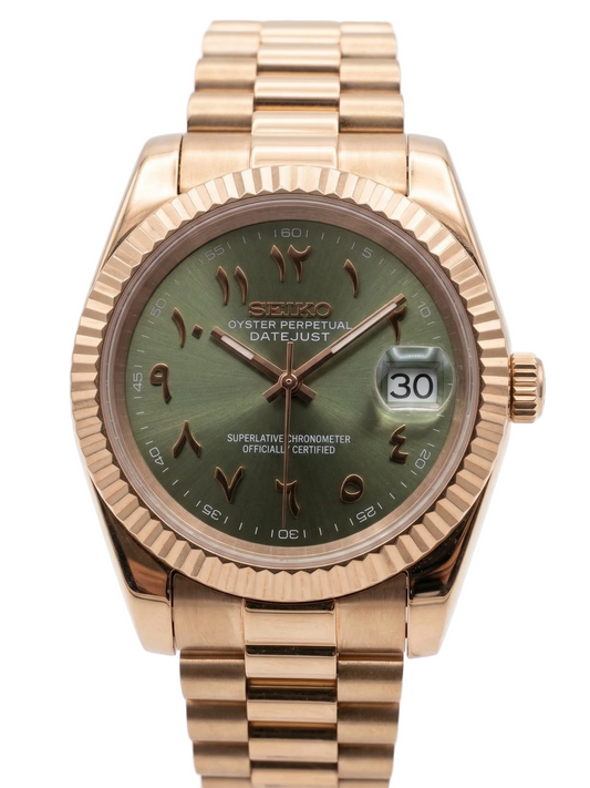 Reloj Automático XP Mod XP Mod DJ-Fluted RG Arabic "Olive Green" con movimiento NH70 acero 316L cristal zafiro | XP Watch Co.