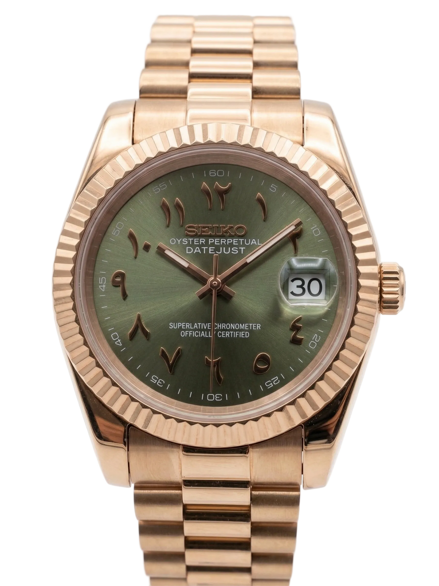 DJ-Fluted RG Arabic "Olive Green" con movimiento NH35, cristal zafiro y acero 316L | XP Watch Co.
