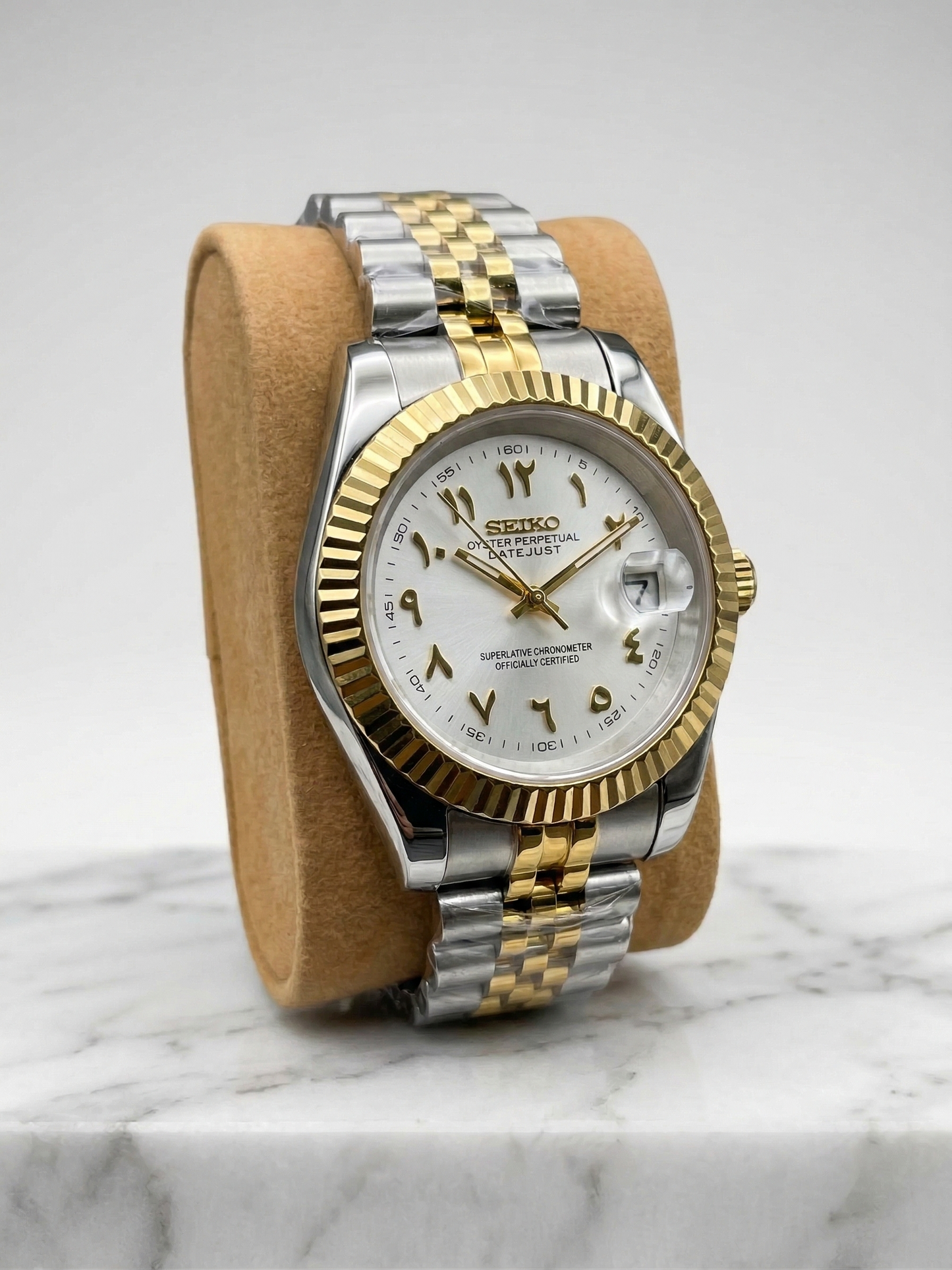 DJ-Fluted Two-Tone Arabic "Pure White" con movimiento VK63, acero 316L y cristal zafiro | XP Watch Co.