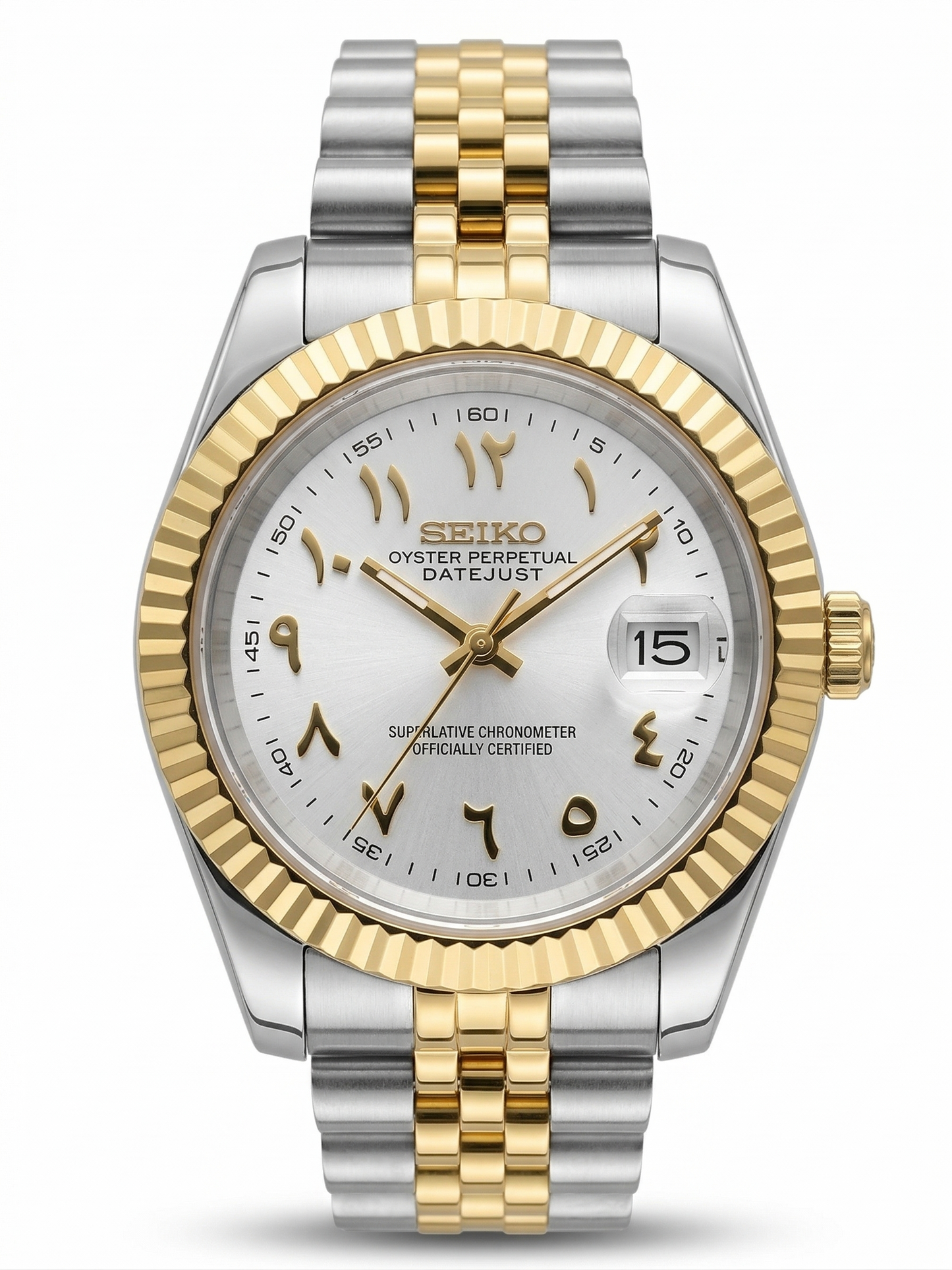 DJ-Fluted Two-Tone Arabic "Pure White" con movimiento NH35, acero 316L y cristal zafiro | XP Watch Co.