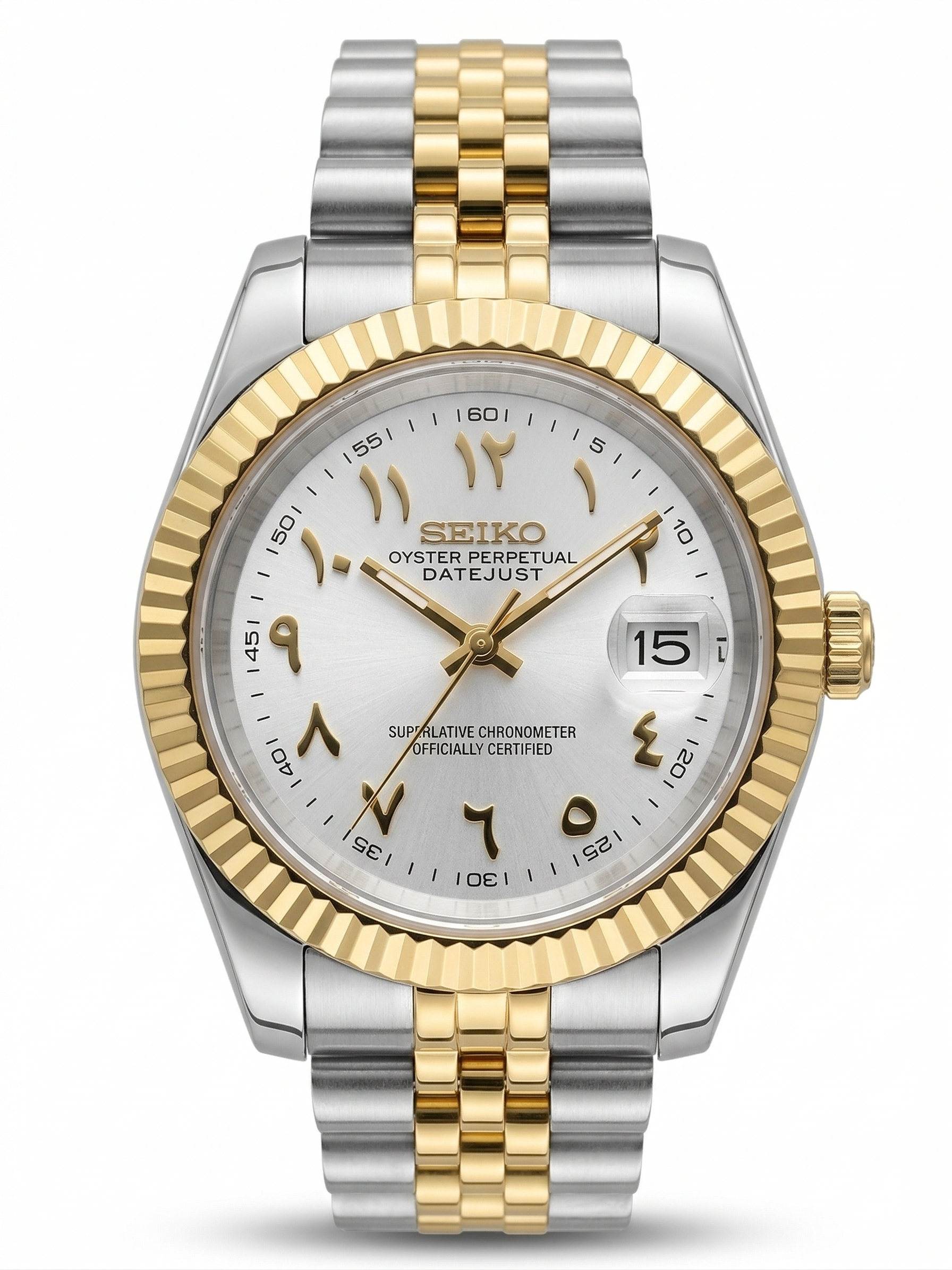 DJ-Fluted Two-Tone Arabic "Pure White" con movimiento NH35, acero 316L y cristal zafiro | XP Watch Co.