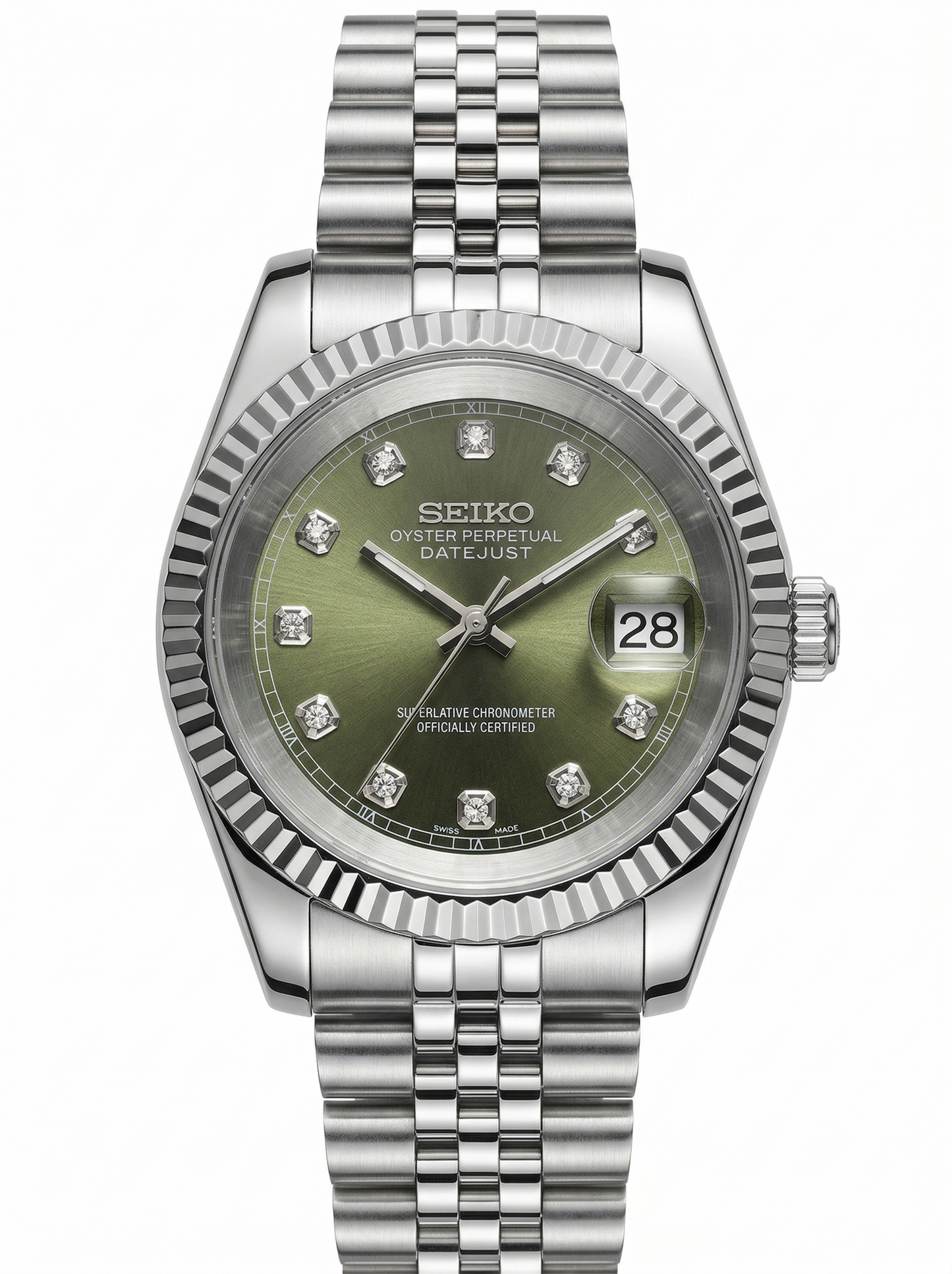 DJ-Fluted "Silver" Olive dial diamond con movimiento NH35, cristal zafiro y acero 316L | XP Watch Co.