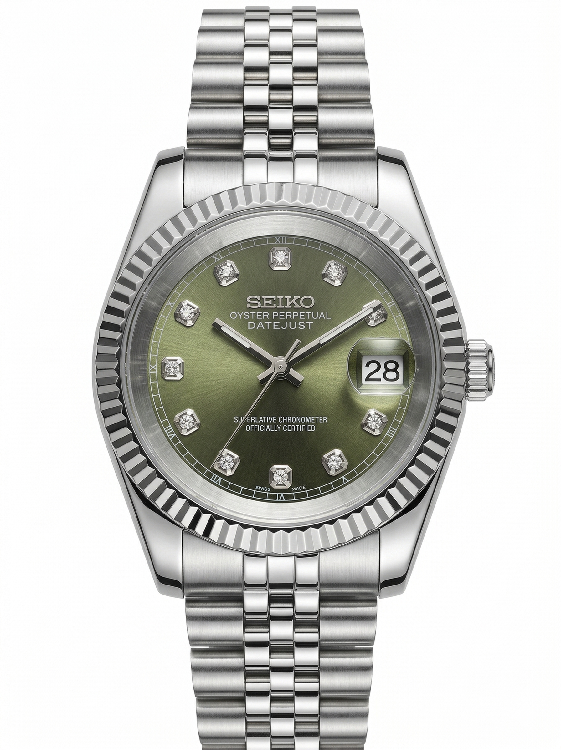 DJ-Fluted "Silver" Olive dial diamond con movimiento NH35, cristal zafiro y acero 316L | XP Watch Co.