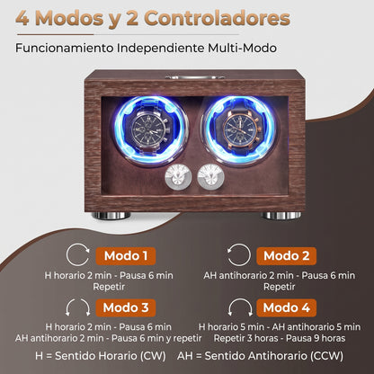 Enrollador de Reloj Automático 2 Relojes con Motor Japonés y LED con 4 modos y 2 controladores