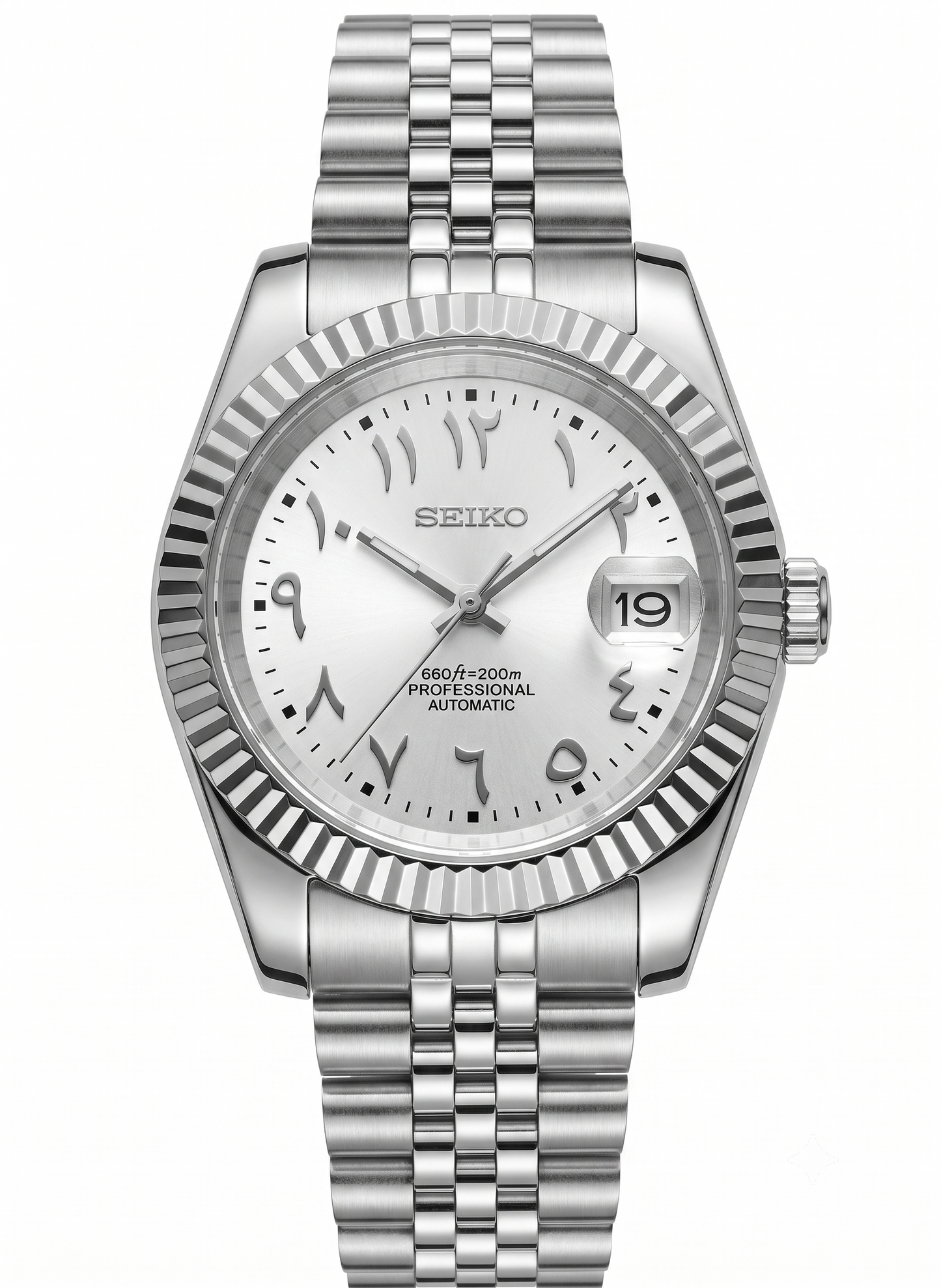 DJ-Fluted "Silver Stealth" Árabe - Reloj personalizado con movimiento automático NH35 y acero inoxidable 316L | XP Watch Co.