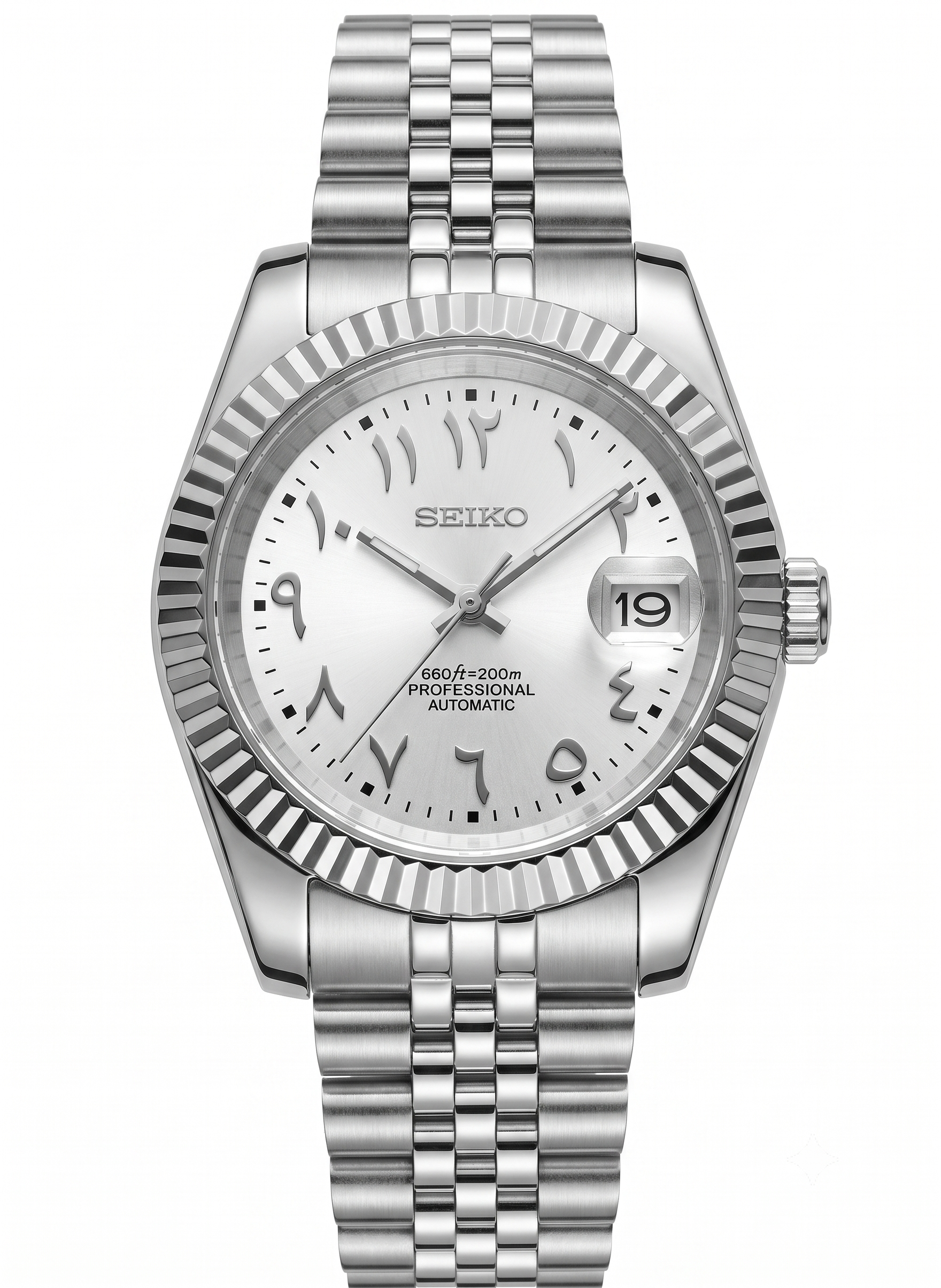 DJ-Fluted "Silver Stealth" Árabe - Reloj personalizado con movimiento automático NH35 y acero inoxidable 316L | XP Watch Co.
