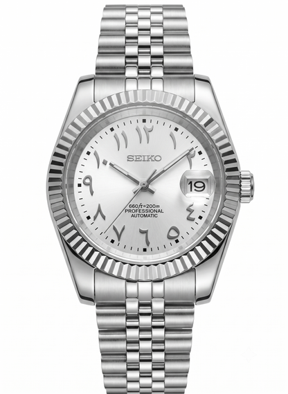 DJ-Fluted "Silver Stealth" Árabe - Reloj personalizado con movimiento automático NH35 y acero inoxidable 316L | XP Watch Co.