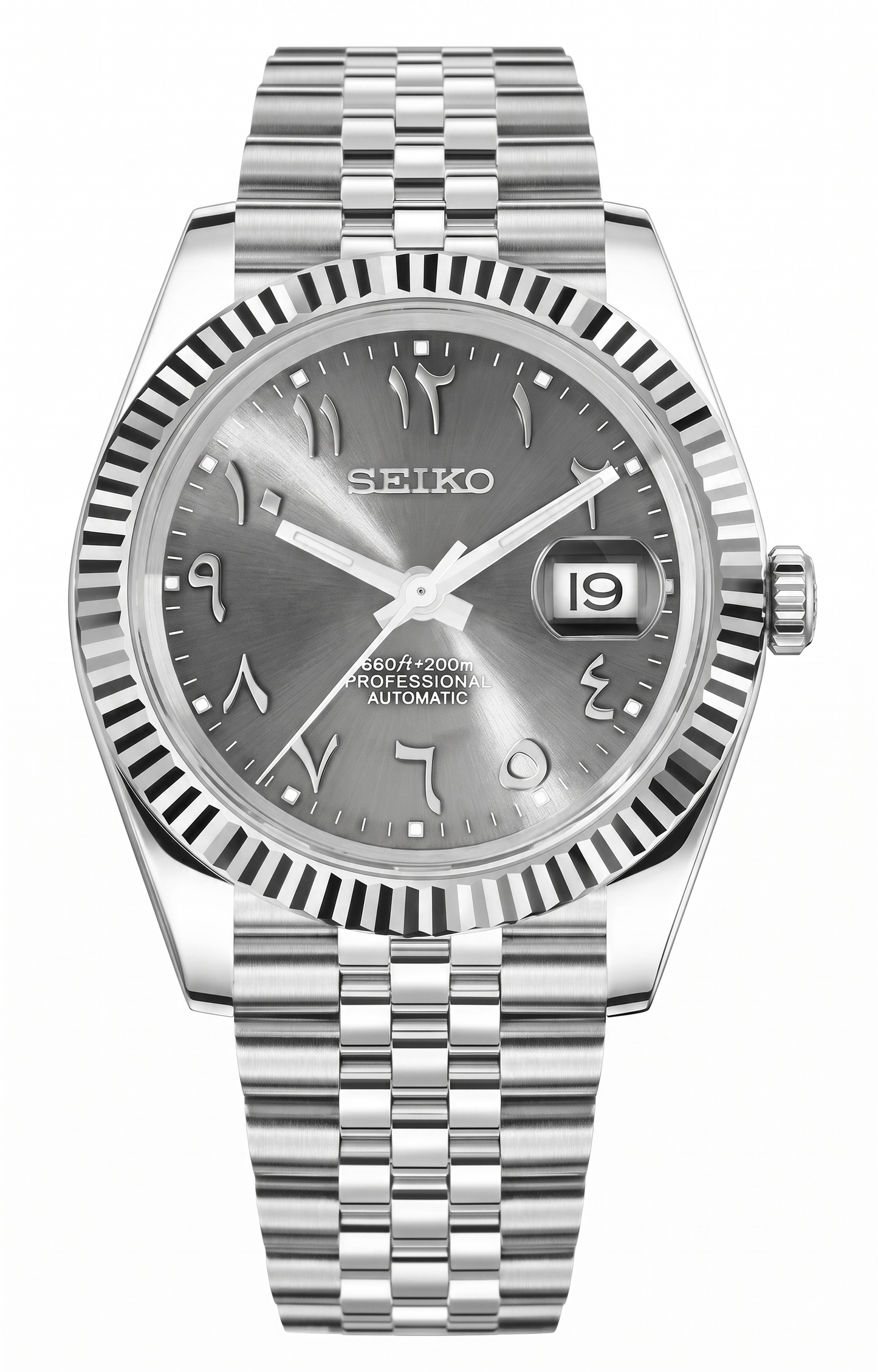 DJ-Fluted Mod "Grey Rhodium" Árabe - movimiento NH35, acero 316L, cristal zafiro | XP Watch Co.