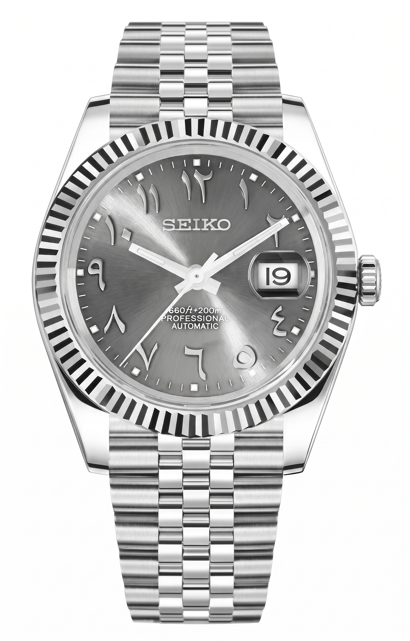 DJ-Fluted Mod "Grey Rhodium" Árabe - movimiento NH35, acero 316L, cristal zafiro | XP Watch Co.