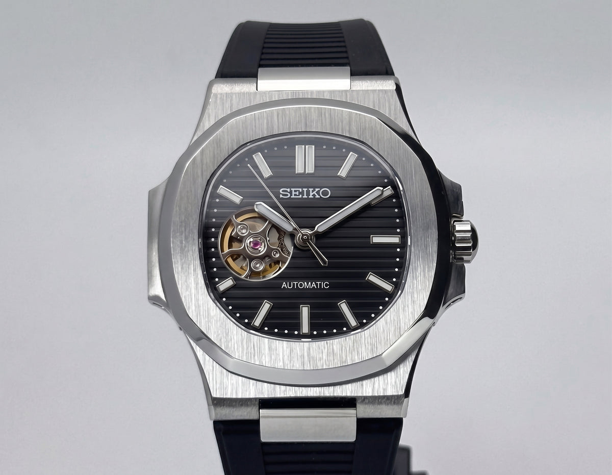 Nautic "Open Heart" Black Rubber - Reloj automático personalizado con movimiento NH35 | XP Watch Co.