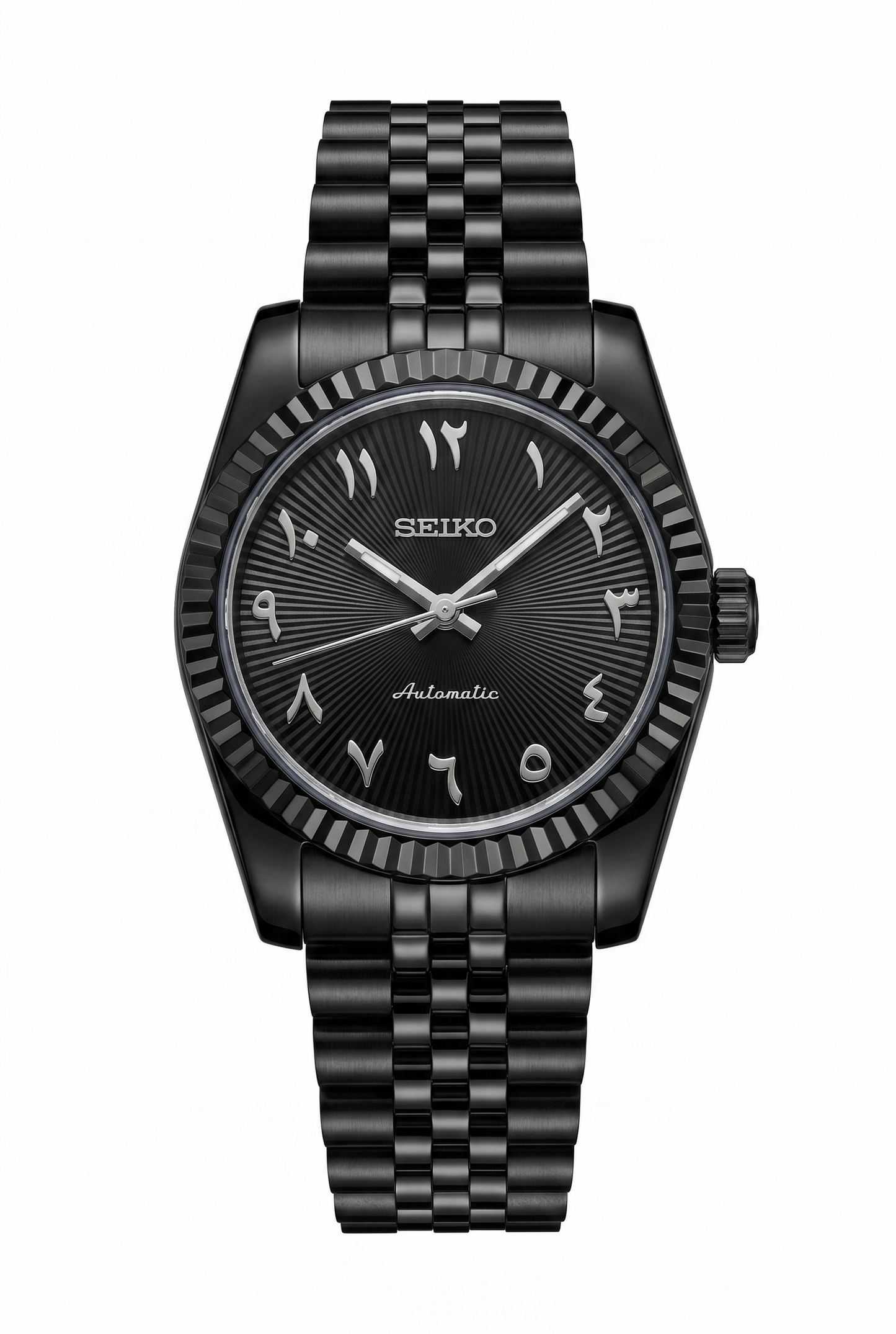 DJ-Fluted "Black Stealth" Árabe - Reloj personalizado con movimiento automático NH35 y acero inoxidable 316L | XP Watch Co.