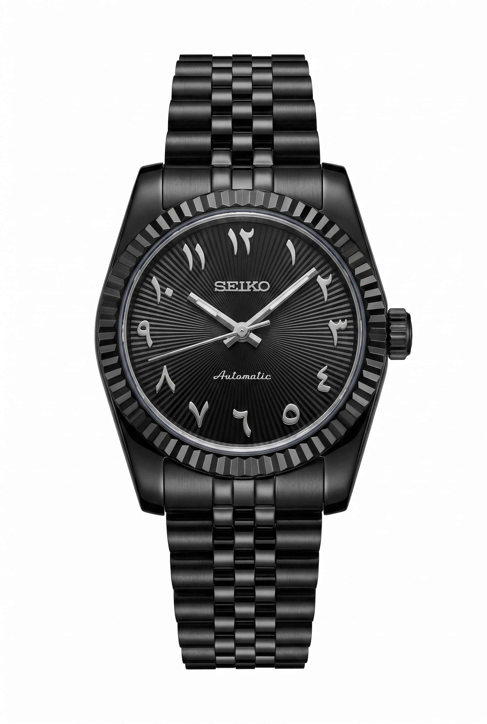 DJ-Fluted "Black Stealth" Árabe - Reloj personalizado con movimiento automático NH35 y acero inoxidable 316L | XP Watch Co.