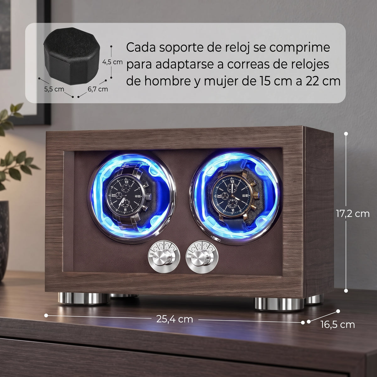 Enrollador de Reloj Automático 2 Relojes con Motor Japonés y LED con medidas 25,4 por 16,5 por 17,2 cm XP Watch Co.