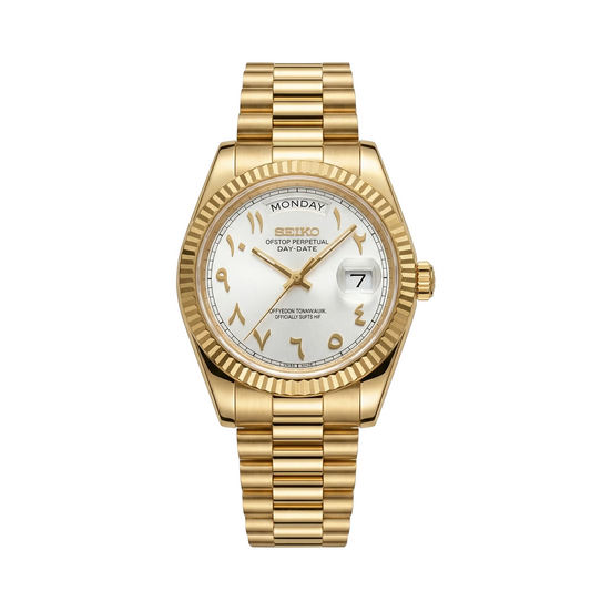 Reloj Automático XP Mod XP Mod DD-President "Gold White Arabic" con movimiento NH35, cristal zafiro y acero 316L | XP Watch Co.