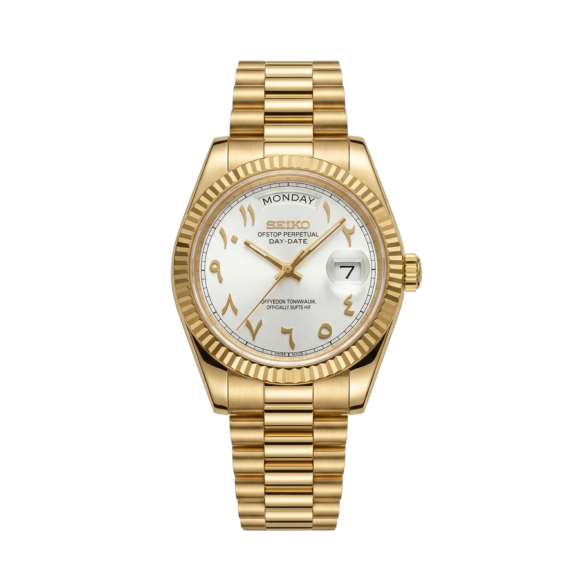 DD-President "Gold White Arabic" - Reloj personalizado con cristal de zafiro y acero inoxidable 316L | XP Watch Co.