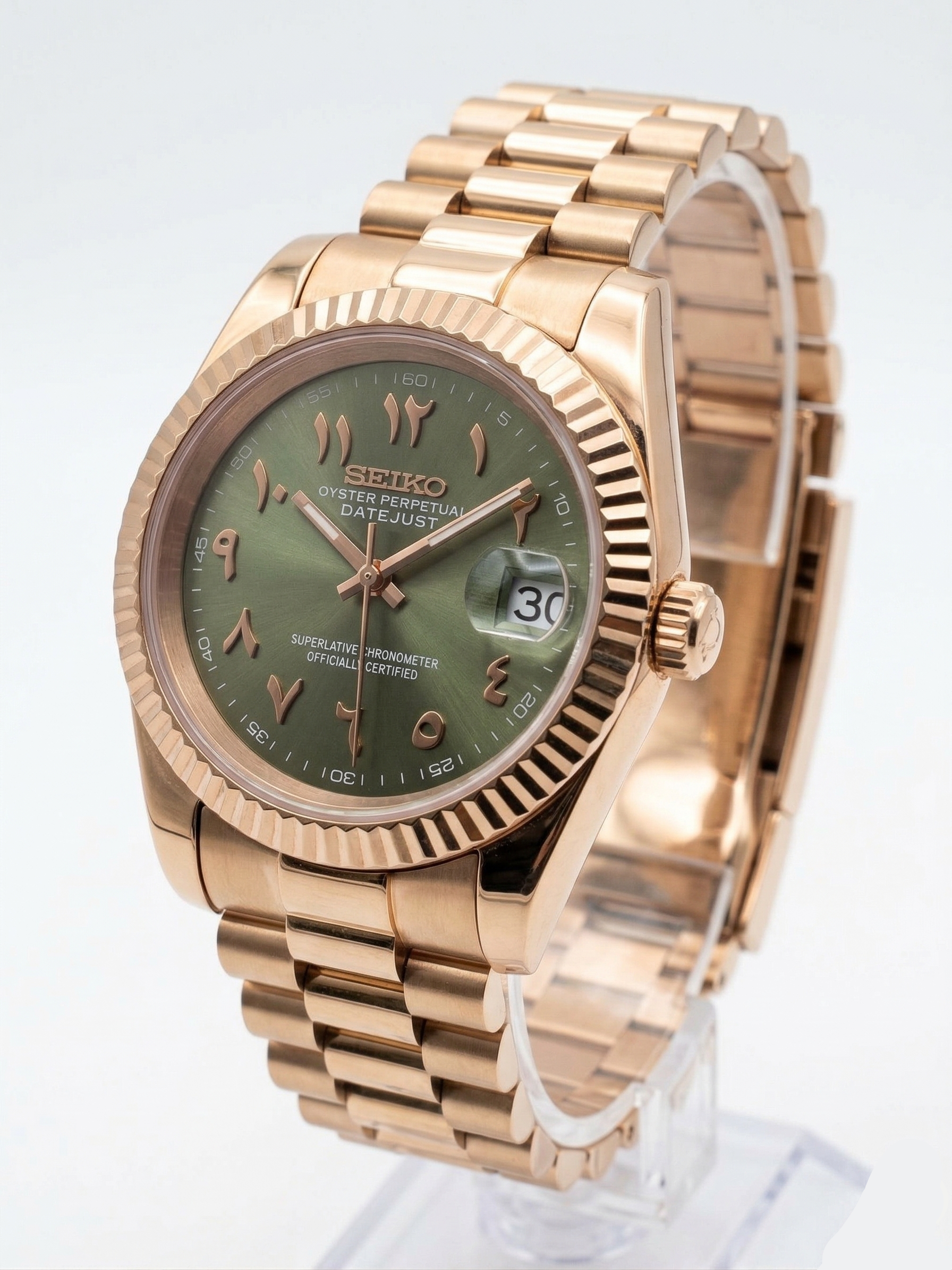 DJ-Fluted RG Arabic "Olive Green" con movimiento NH35, acero 316L y cristal zafiro | XP Watch Co.