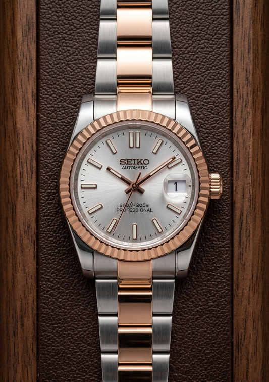 Reloj Automático XP Mod XP Mod DJ-Fluted "Two Tone Rose Gold W/White" con movimiento NH35 automático, acero 316L y cristal zafiro XP Watch Co.