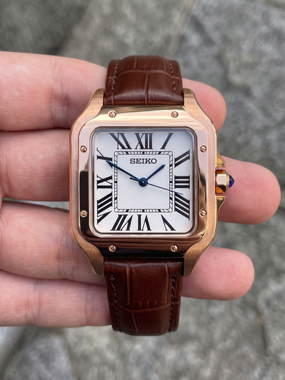 Santeiko Mod "Rose Gold White Roman" Leather - Reloj personalizado con cristal de zafiro | XP Watch Co.