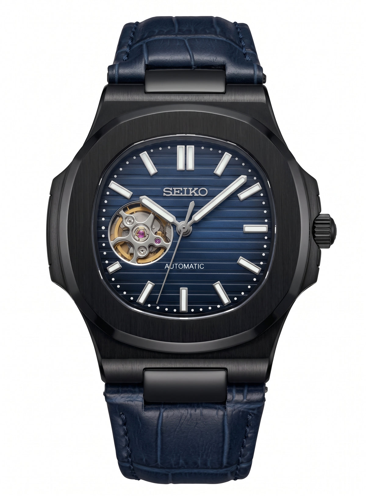 Nautic "Dark Black Knight" Open Heart Blue Leather - Reloj personalizado con cristal de zafiro | XP Watch Co.