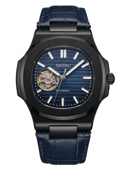 Nautic "Dark Black Knight" Open Heart Blue Leather - Reloj personalizado con cristal de zafiro | XP Watch Co.