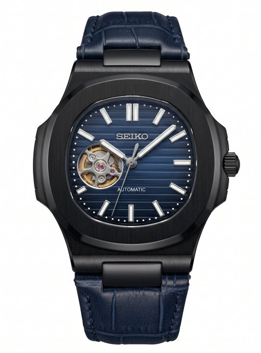 Nautic "Dark Black Knight" Open Heart Blue Leather - Reloj personalizado con cristal de zafiro | XP Watch Co.