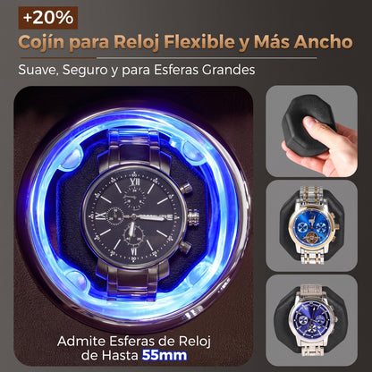 Enrollador de Reloj Automático 2 Relojes con Motor Japonés y LED con luz azul y cojín flexible para relojes grandes