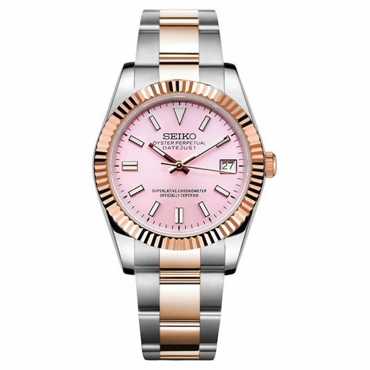 Reloj Automático XP Mod XP Mod DJ-Fluted "Two Tone Rose Gold W/Pink" con movimiento NH35, cristal zafiro y acero 316L | XP Watch Co.