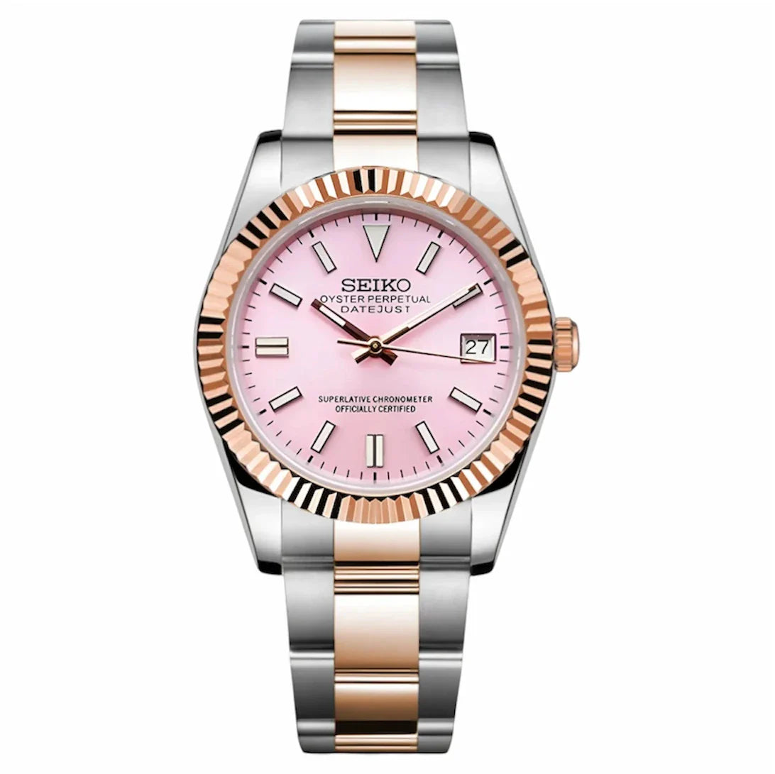 DJ-Fluted "Two Tone Rose Gold W/Pink" - Reloj personalizado con cristal de zafiro y acero inoxidable 316L | XP Watch Co.