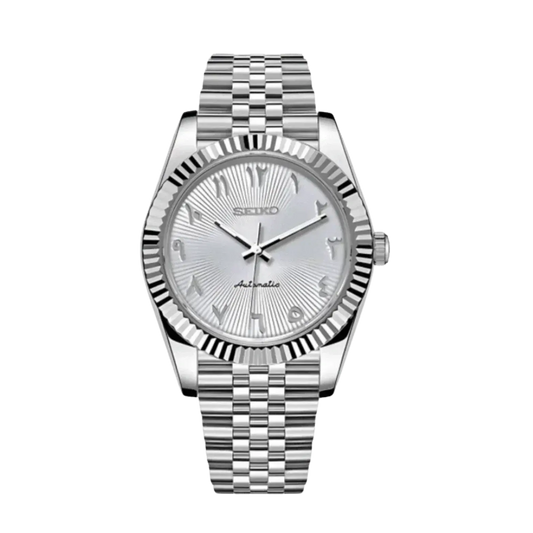 DJ-Fluted "White Textured" Árabe con movimiento NH35, acero 316L y cristal zafiro | XP Watch Co.