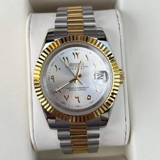 DJ-Fluted Two-Tone Arabic "Pure White" con movimiento NH35, cristal zafiro acero 316L | XP Watch Co.