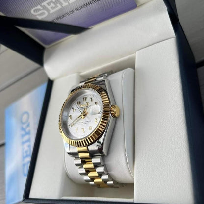 DJ-Fluted Two-Tone Arabic "Pure White" con movimiento NH35, cristal zafiro y acero 316L | XP Watch Co.