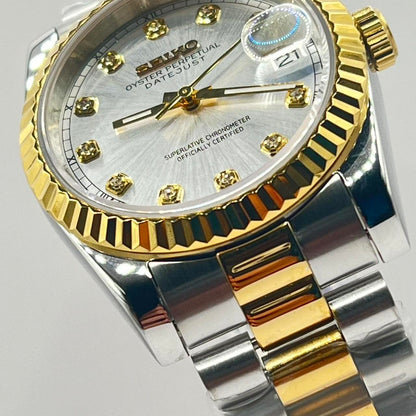 Ladyjust "Two-Tone Silver Diamond" con movimiento NH70, cristal zafiro y acero 316L | XP Watch Co.