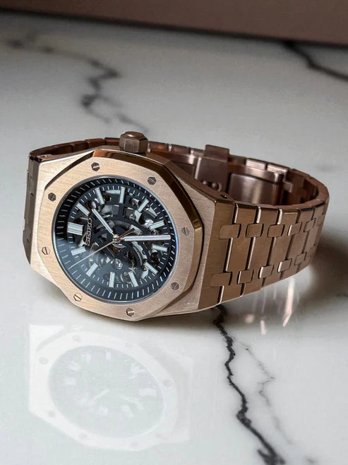 ROAK "Skeleton Rose Gold" - Reloj personalizado con movimiento automático NH35 y cristal de zafiro | XP Watch Co.