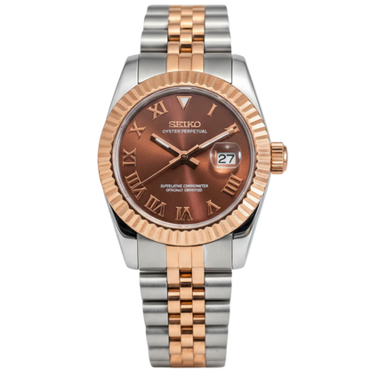 Ladyjust | Two-Tone RoseGold Bronze Roman - Reloj personalizado con cristal de zafiro y acero inoxidable 316L | XP Watch Co.
