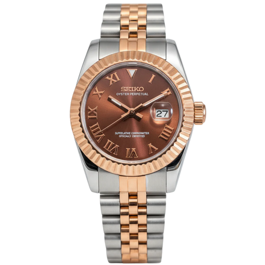 Ladyjust | Two-Tone RoseGold Bronze Roman - Reloj personalizado con cristal de zafiro y acero inoxidable 316L | XP Watch Co.