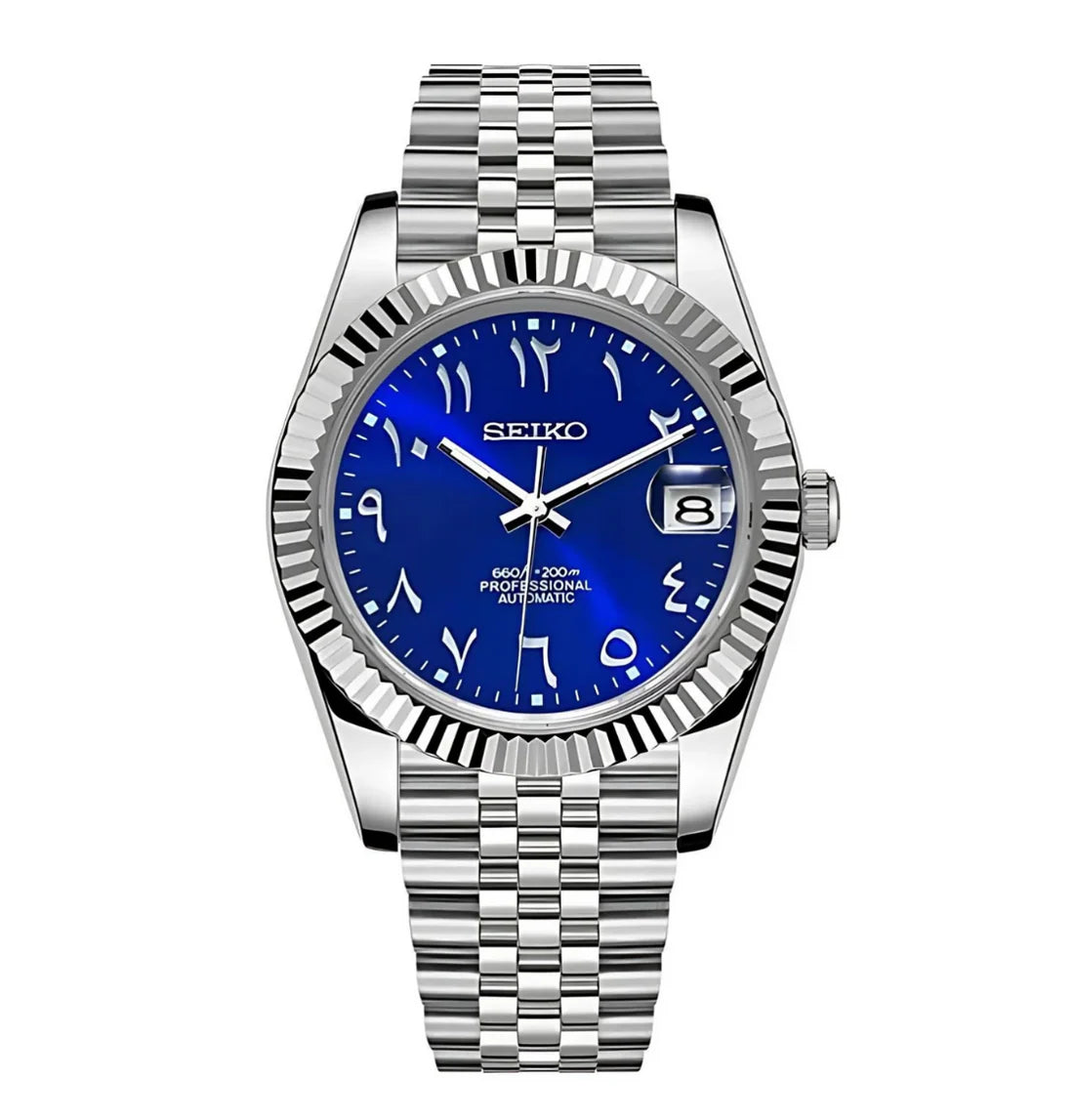 DJ-Fluted "Sunburst Blue" Árabe - Reloj personalizado con movimiento automático NH35 y cristal de zafiro | XP Watch Co.