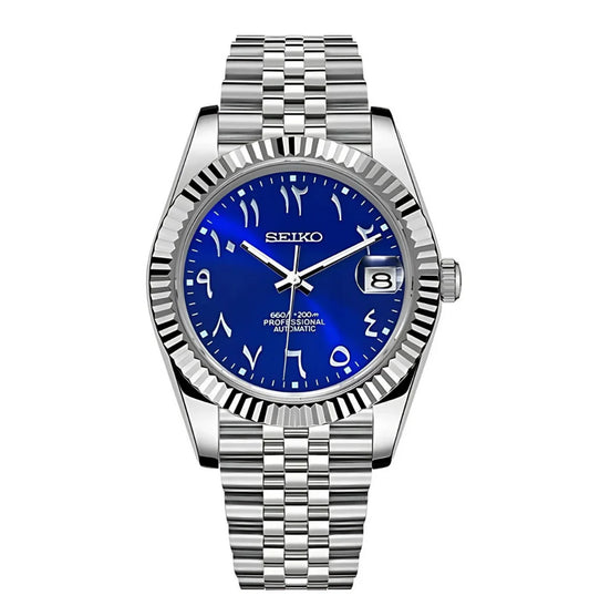 DJ-Fluted "Sunburst Blue" Árabe - Reloj personalizado con movimiento automático NH35 y cristal de zafiro | XP Watch Co.