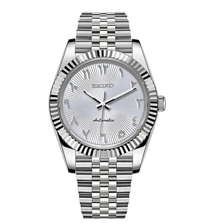 DJ-Fluted "White Textured" Árabe - Reloj personalizado con movimiento automático NH35 y acero inoxidable 316L | XP Watch Co.
