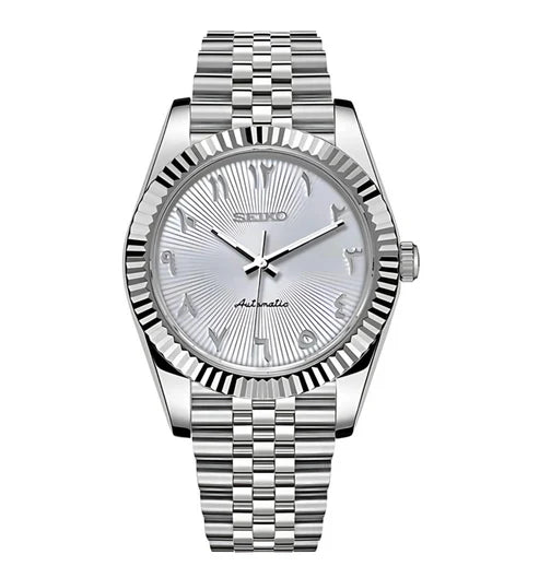 DJ-Fluted "White Textured" Árabe - Reloj personalizado con movimiento automático NH35 y acero inoxidable 316L | XP Watch Co.