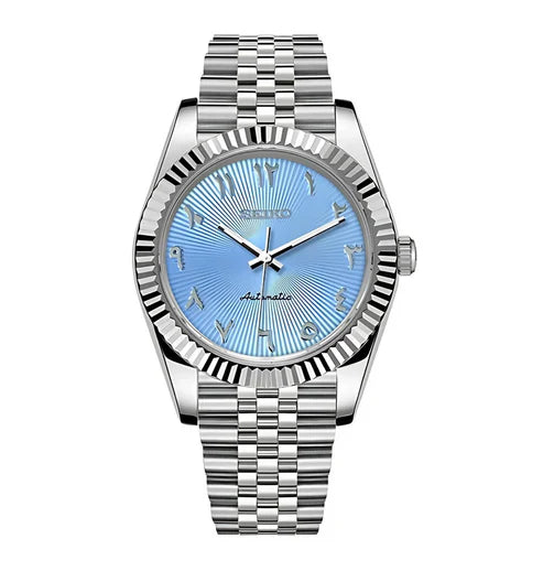 DJ-Fluted "Light Blue" Árabe - Reloj personalizado con movimiento automático NH35 y cristal de zafiro | XP Watch Co.