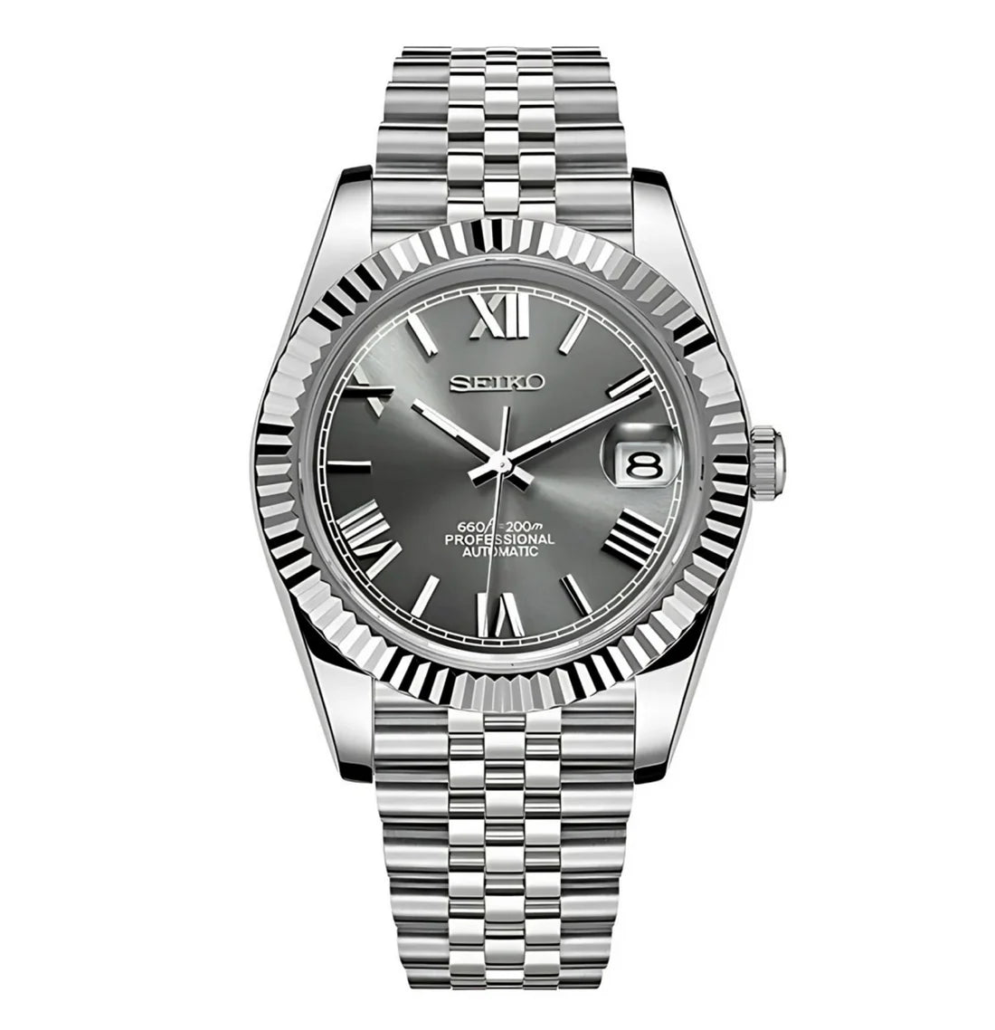 DJ-Fluted "Grey Roman" - Reloj personalizado con movimiento automático NH35 y acero inoxidable 316L | XP Watch Co.