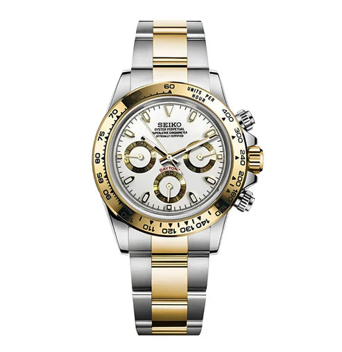 D-Racing "Two Tone Gold W/White" - Reloj personalizado con cristal de zafiro y acero inoxidable 316L | XP Watch Co.